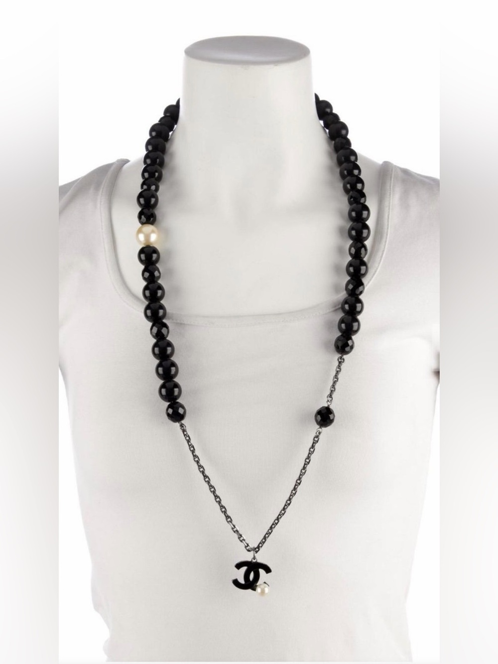 CHANEL Black Bead Necklace with Pearl Accent and Logo Pendant